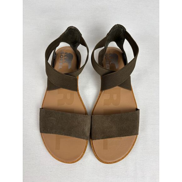 Sorel Women's Ella II Sandal Size 7 olive leather suede elastic flat shoe - Picture 1 of 7